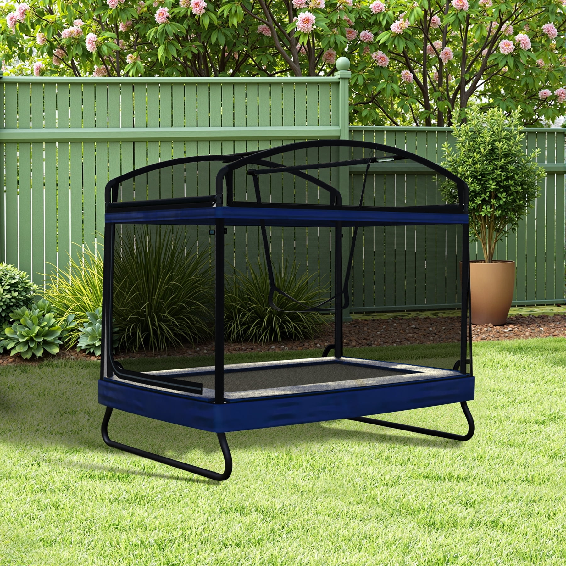 Witaxima 4x6ft Outdoor Square Trampoline for Kids & Adults, Rectangular Bounce Trampoline with Safety Net & Swing, 220LB Capacity, Black+Blue