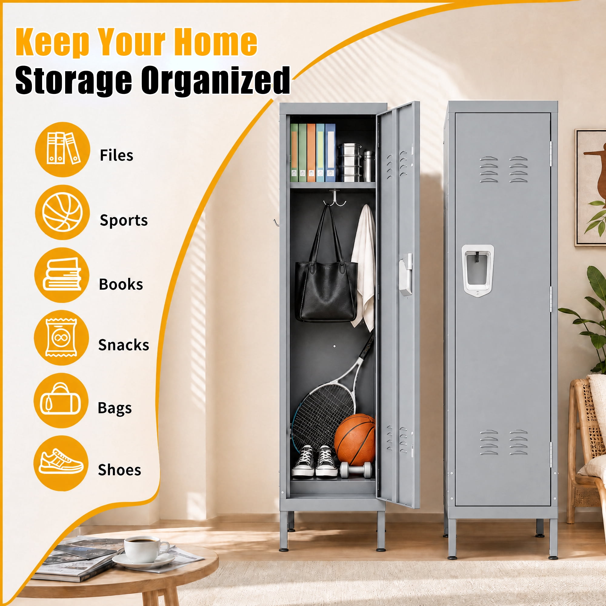 HOQBN 55" Tall Metal Wardrobe Cabinet,Waterproof Steel Clothing Storage Locker with Ventilated Door,Lock & Side Hooks,Vertical Bedroom Wardrobe for Small Apartment Home Office,Gray