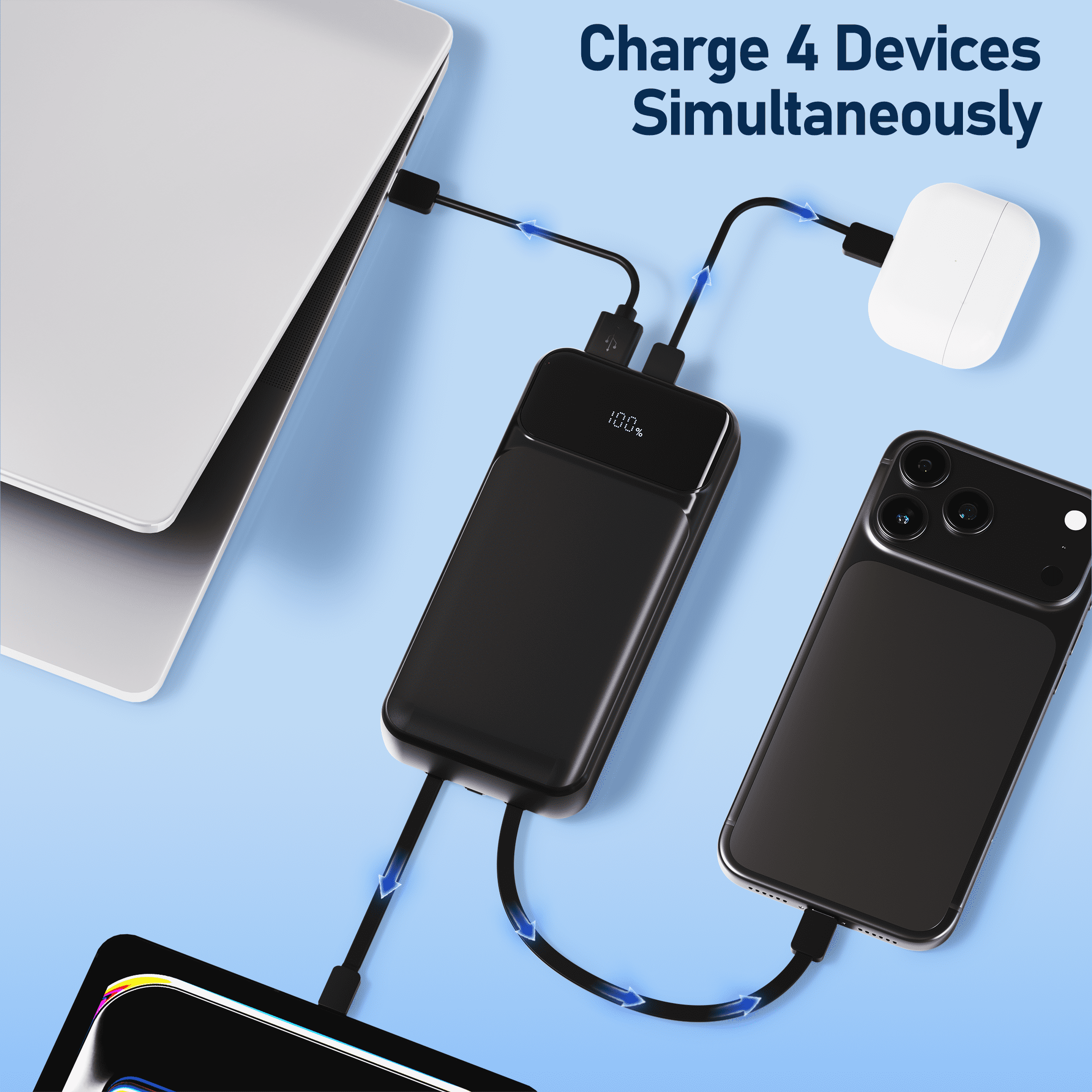 49800mAh Power Bank Portable Charger with Built in Cables,4 Outputs 3 Inputs 22.5W Fast Charging with LED Display Battery Pack Compatible for iPhone Charger-Camping,Hiking,Travel Essentials(Black)