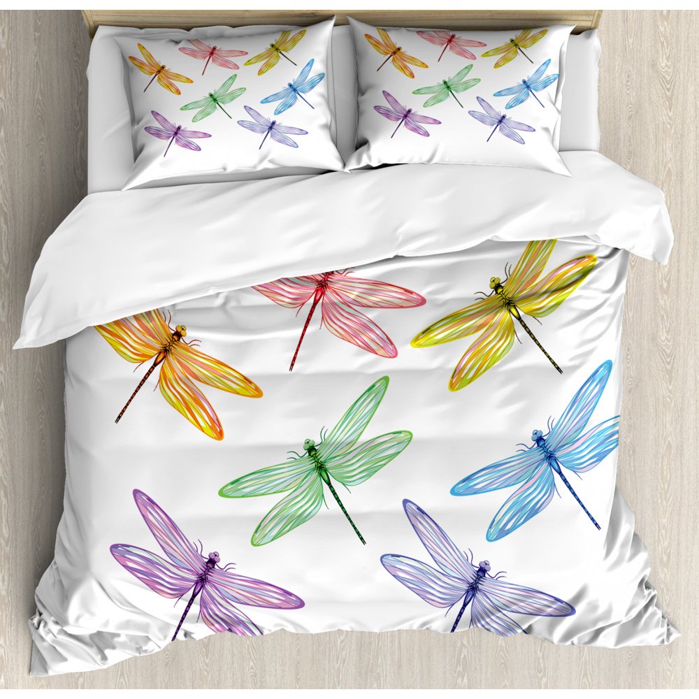 Dragonfly Queen Size Duvet Cover Set, Illustration of Fantasy Bugs with