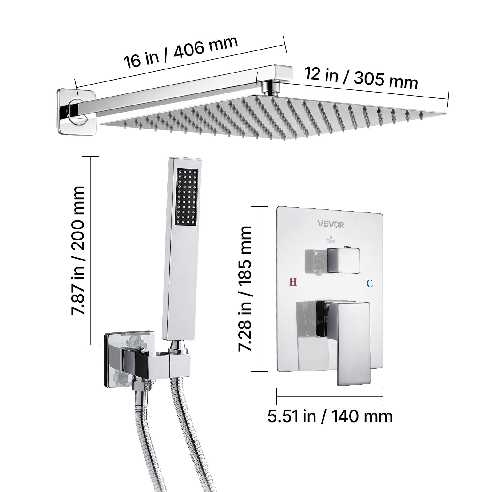 VEVOR Shower Faucet Set, Rainfall Bathroom Shower System with 12-Inch Square Rain Shower Head and Handheld Spray, Wall Mounted Bath Fixtures with Brass Valve and Trim Kit, Silver Chrome