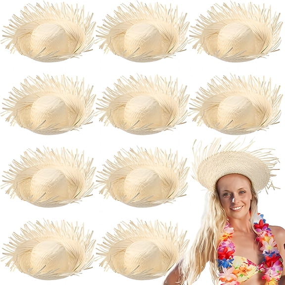 TELOLY 10 Pcs Adult Hawaiian Luau Straw Hats Pava Hat Puerto Rico Beachcomber Hats for Party Costumes Accessories Decor Straw Hats for Women