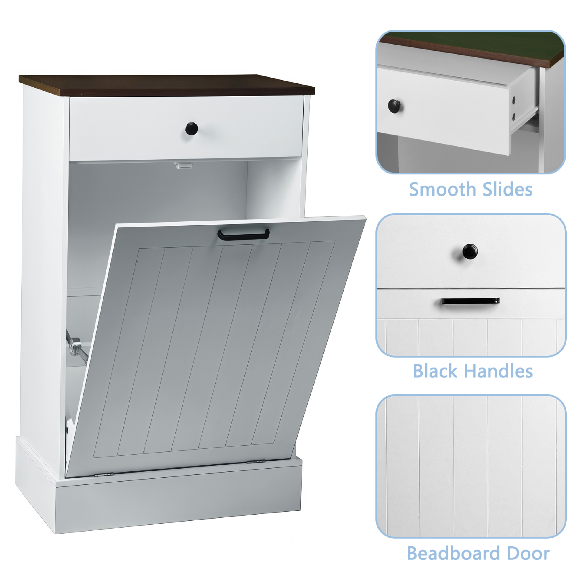 Leumius 10 Gallon Tilt Out Trash Can Cabinet, Hidden Wooden Trash Can Cabinet with Drawer, Free Standing Garbage Cabinet, Farmhouse Laundry Hamper Cabinet for Kitchen Living Room White