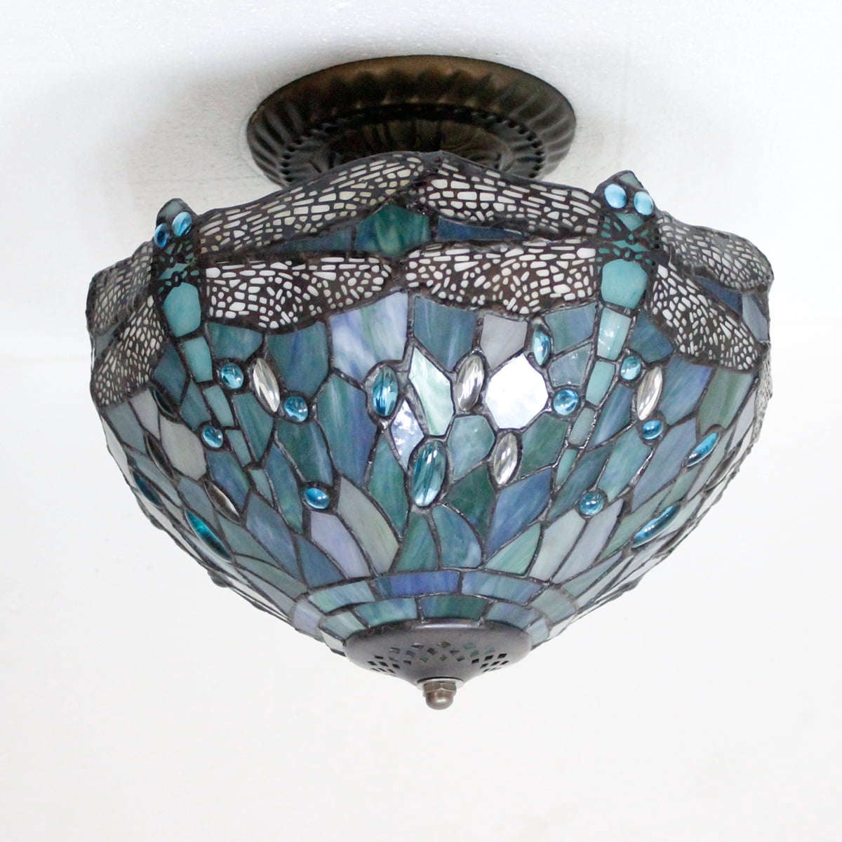 Tiffany Ceiling Light Fixture Semi Flush Mount 12" Sea Blue Stained Glass Dragonfly Cover Shade Overhead Close to Island Hanging Lamp Decor Bedroom Kitchen Dining Living Room Entry Hallway WERFACTORY