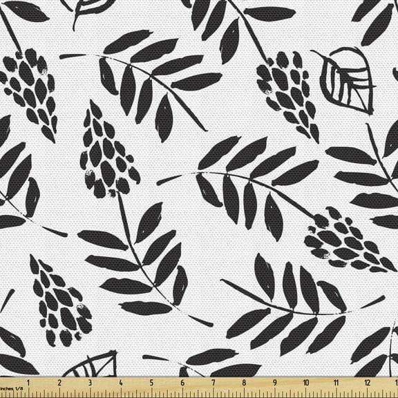 Black and White Sofa Upholstery Fabric by the Yard Botanical Pattern with Hand-drawn Style Flowers Branches and Leaves Decorative Fabric for DIY and Home Accents by Ambesonne