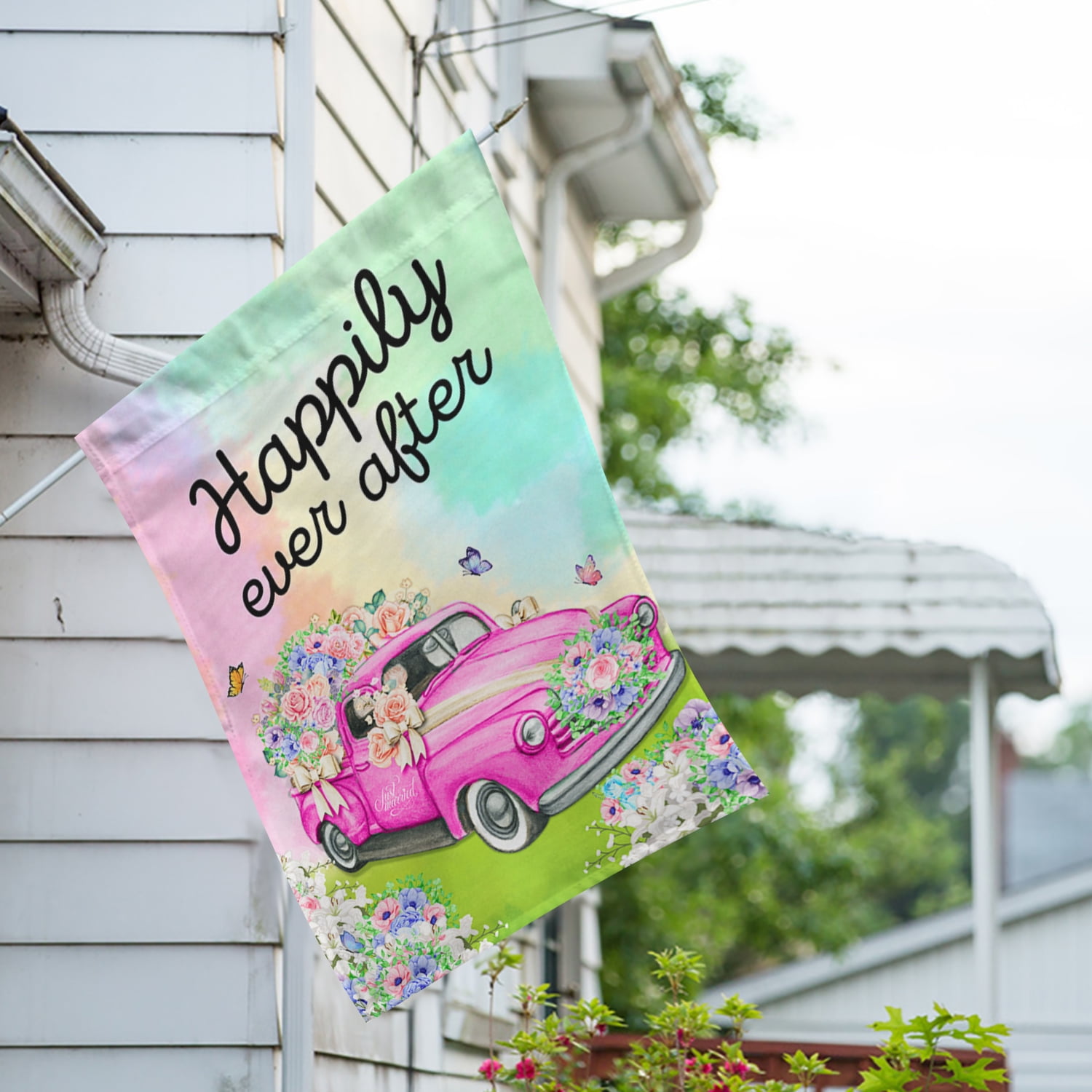 America Forever Happily Ever After Wedding House Flag 28 x 40 inch Double Sided, Floral Pink Pickup Truck Marriage Decor, Welcome Bride & Groom, Wedding, Engagement, Bridal Shower Flag