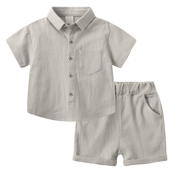Emitonse Toddler Boy Clothes Cotton Summer Baby Boys' Clothing Sets Toddler Daily Summer Wear Outfit For Boys 2 Pieces Summer Outfits Short Sleeve Button Down Shirts Shorts Beige,Size 5-6 Years