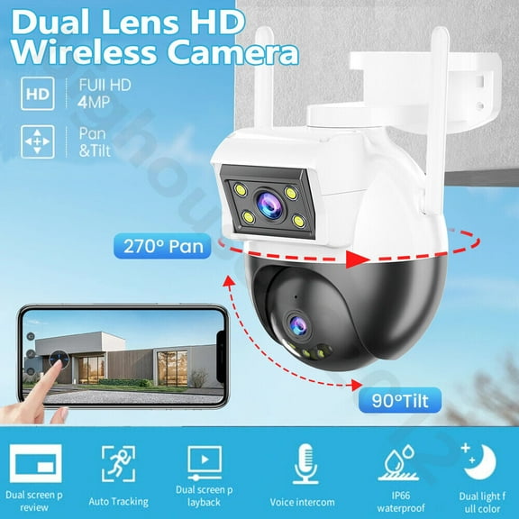 Security Camera Outdoor WiFi 4MP Dual Lens Wireless IP Cam Auto Tracking