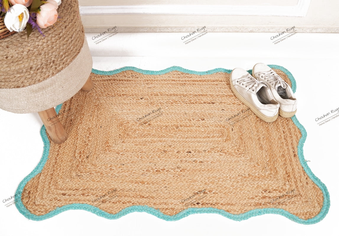 Rectangle Rug Natural Jute Rug Hand Braided Beige And Turquoise Color Area Rug