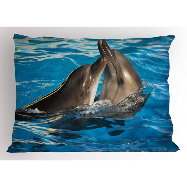 Dolphin Pillow Sham Aqua Show Pair of Dolphins Dancing in the Pool Animal Family Tenderness Love