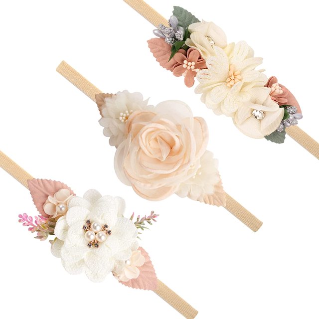 Diadema de nailon con flores para niña, banda elástica para el cabello, lazo hecho a mano para recién nacidos, bebés y niños pequeños de 3 a 12 años en color beige