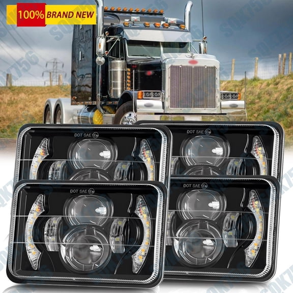 4PCS 4x6" LED Headlights Hi/Lo Sealed DRL Turn Signal For Peterbilt 357 379 378