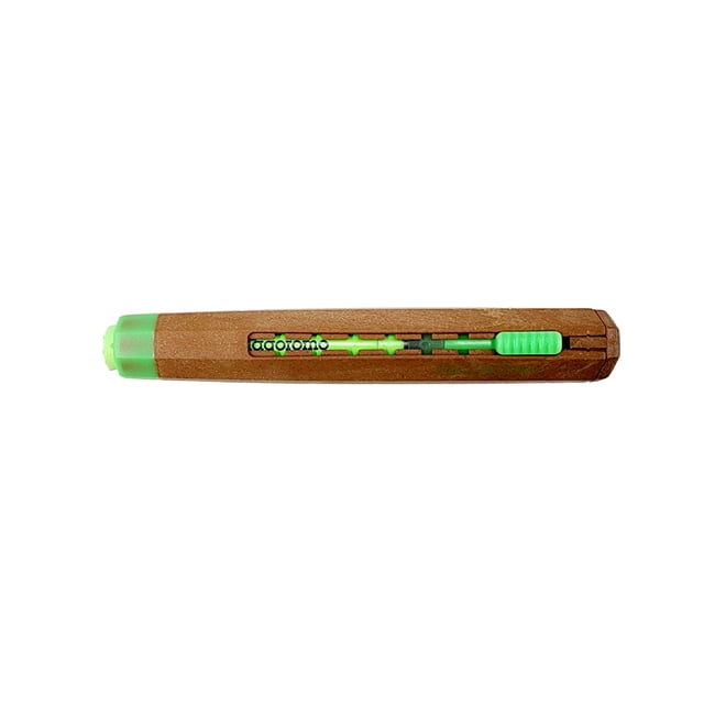 Hagoromo BioWood Multi Chalk Holder in green, made from eco-friendly cellulose X-linked polymer material. Features a slide-type adjustable mechanism, soft silicone grip for reduced hand fatigue, and a magnetic attachment for convenience. Compatible with chalk, crayons, and other tools sized 11.2-11.5mm. Awarded at SISO FAIR 2021 for innovation.