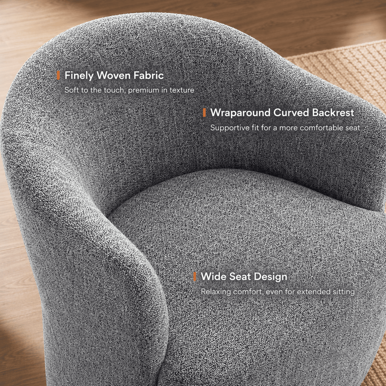 Aenkyo Dining Chair with Casters, Upholstered Barrel Back Rolling Accent Chair, Pewter Gray