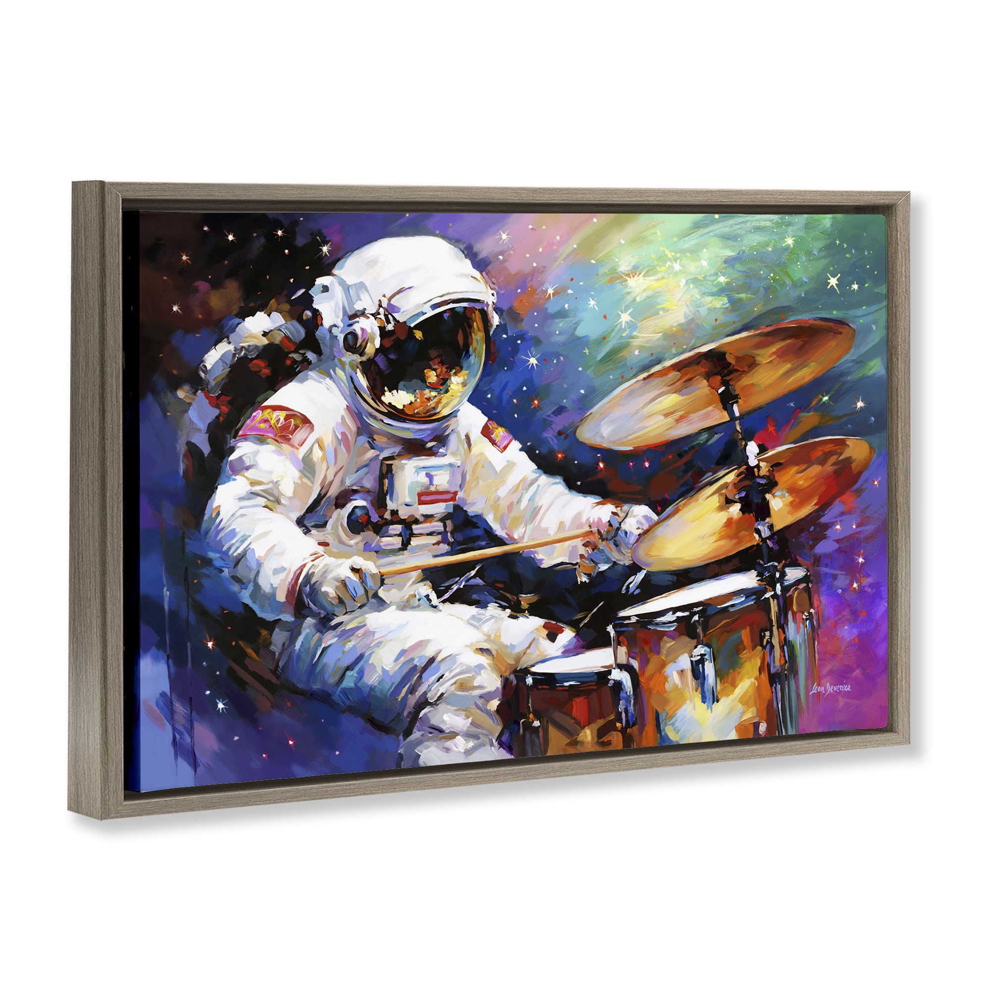 Stupell Industries Cosmic Drummer Musician Astrology & Stars Painting Brown Floater Framed Canvas Art Print Wall Art, 31 x 21