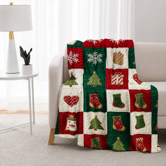 SPXUBZ Christmas Flannel Fleece Blanket, Soft Throw Blanket with Holiday Patchwork Pattern, Cozy Warm Blanket for Sofa Bed Bedroom Decor 50"x40"