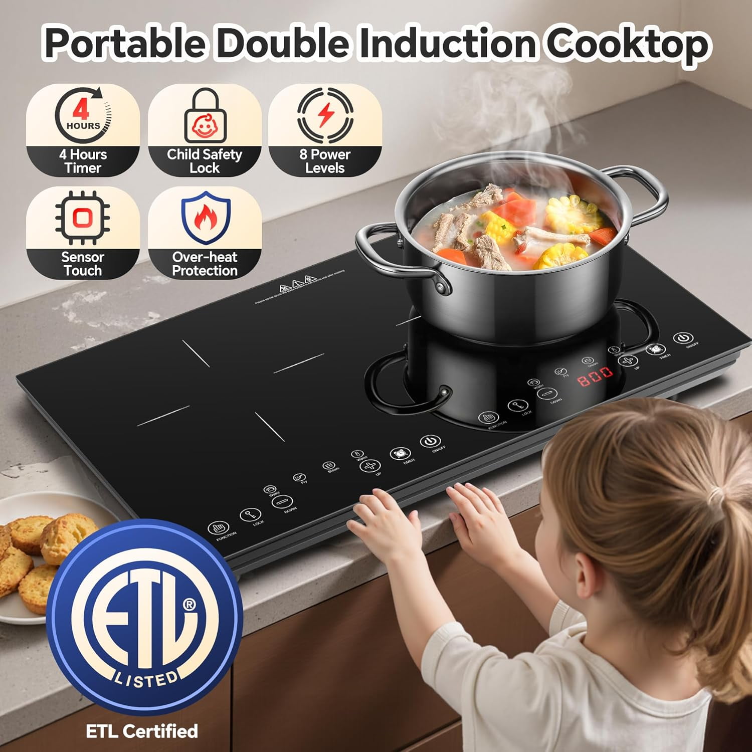 Portable Induction Cooktop 2 Burner - 1800W Double Induction Cooker with 8 Power Settings, 4 Pre-Set Modes, Ultra Thin Design, Sensor Touch Control, Child Safety Lock & Timer | Electric Cooktop