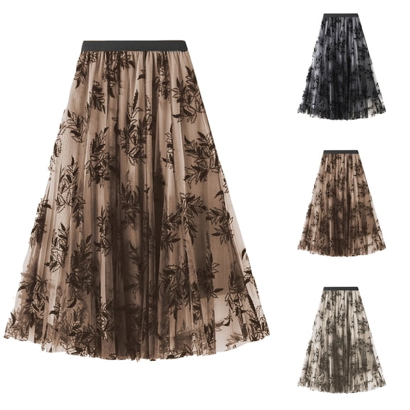 THDHVS Skirts for Women Trendy,Women's Skirts,Skirts for Women Midi Long Length Dressy Casual Trendy A-Line Floral High Waist Skirt Beige S