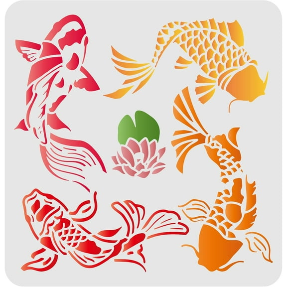 Koi Lotus DIY Stencils Wall Painting Stencil 11.8x11.8inch Carp Fish Drawing Stencils Reusable Mylar DIY Art Craft Painting Template Chalk Signs Stencils for Painting Craft Window Wall DIY