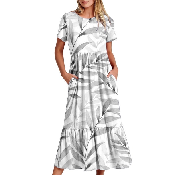Vestido de Manga Corta para Mujeres Vestido de Verano de Cuello Redondo Impreso, Poliéster de Tamaño Verdadero Diario Y Vestido de Fiesta
