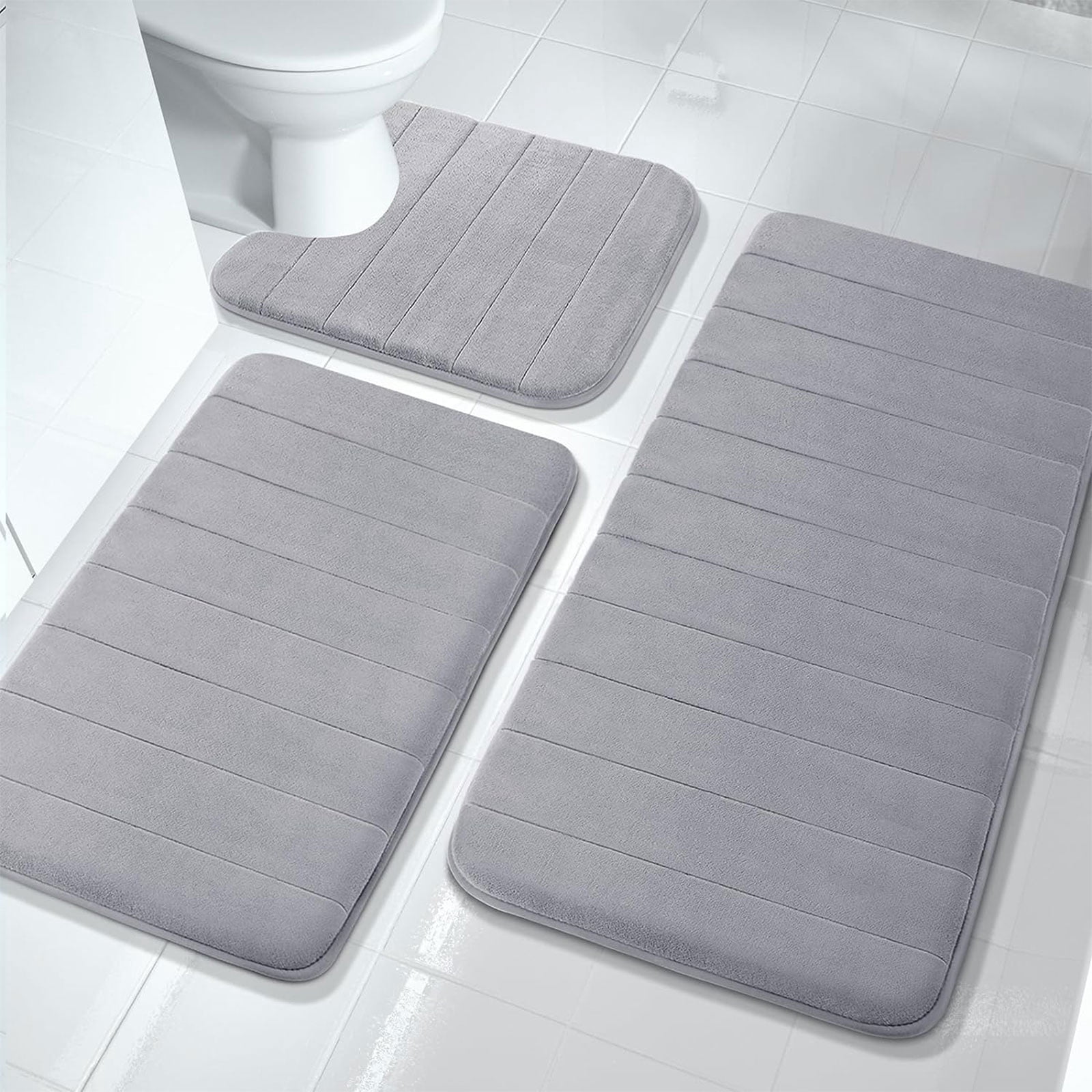 Hengbor 3Pcs Memory Foam Bathroom Mat Set Bathroom Rug Set Thick Soft Bathroom Rugs for Bathroom Water Absorbent Bathroom Shower Rugs Machine Washable Light Gray