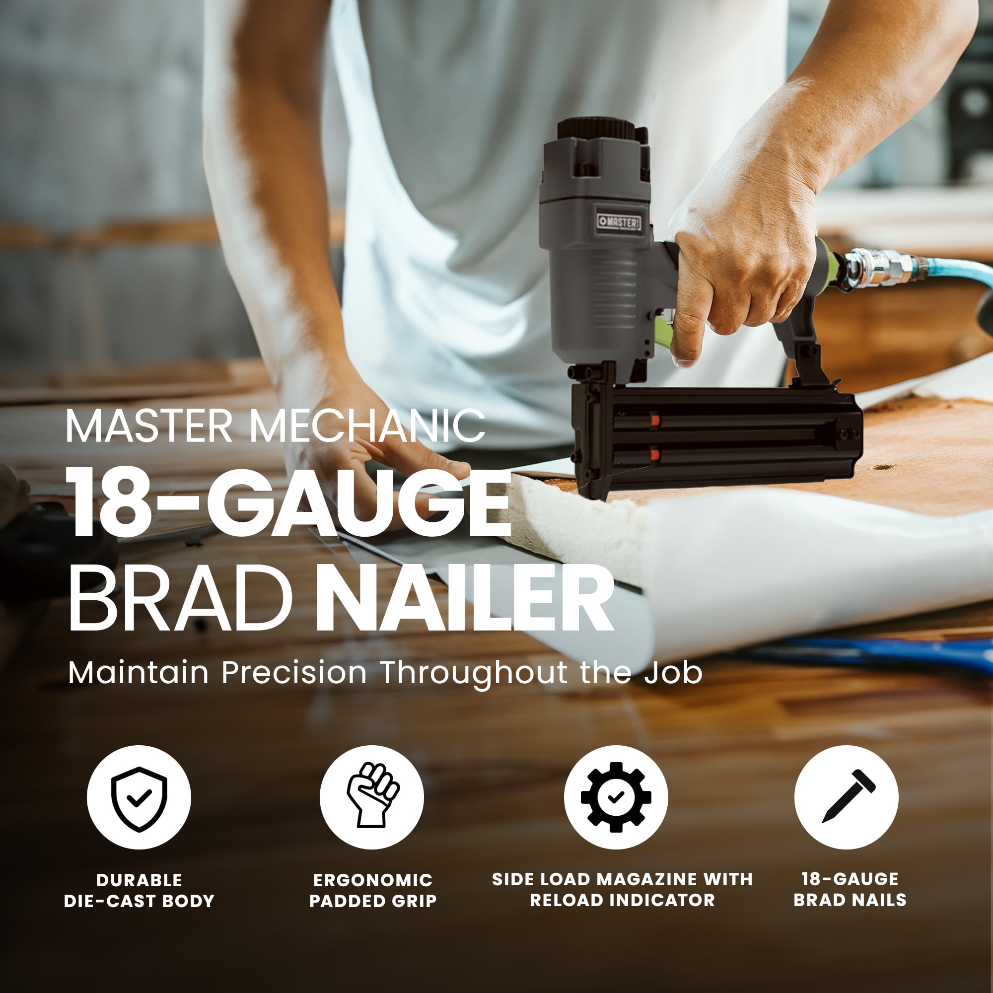 Master Mechanic Pneumatic 18 Gauge Die Cast Aluminum Brad Nailer