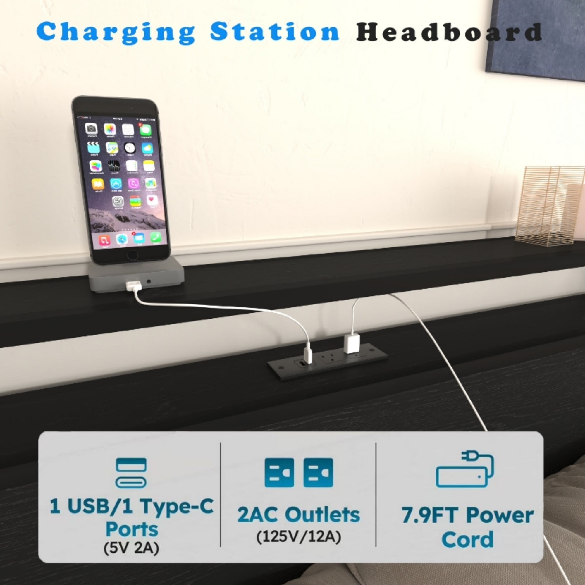 AENKYO Full Size Bed Frame with 8 Storage Drawers, Headboard with Charging Station and LED Lights, Black