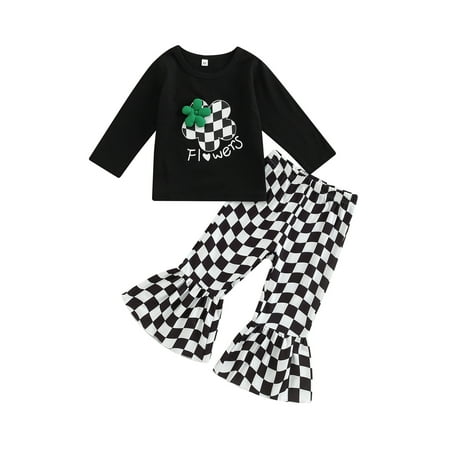 

wybzd Toddler Baby Girls Autumn 2Pcs Sets Long Sleeve Letter Print Pullover Tops + Checkerboard Print Flared Pants 2-7 Years