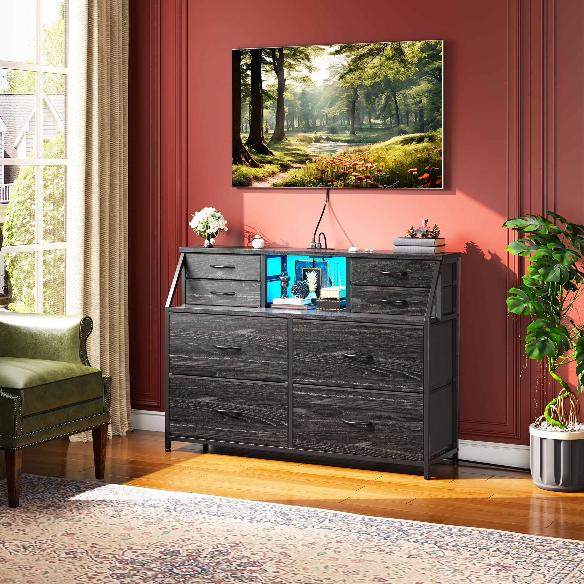 Romorgniz Dresser for Bedroom with 8 Fabric Drawers White Dresser with LED Lights & Charging Station & Open Shelf for Living Room and Entryway