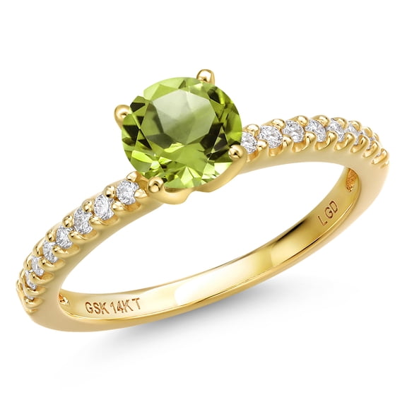 Gem Stone King 14K Yellow Gold Green Peridot and Lab Grown Diamond Engagement Ring for Women | 1.16 Cttw | Round 6MM | Gemstone August Birthstone | Size 8