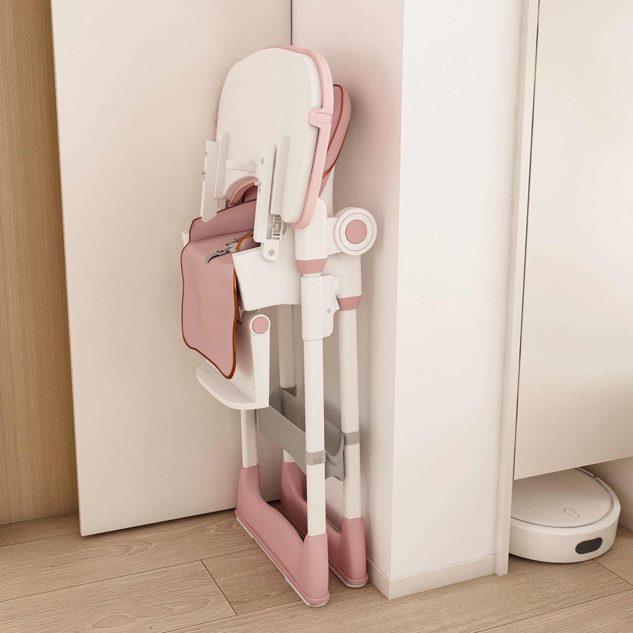 Noble House Adjustable Foldable Baby High Chair with Removable Tray, Harness and Lockable Wheels, Pink