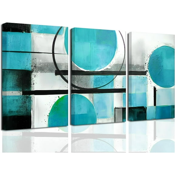 Hieng Teal Abstract Wall Art Blue and Gray Canvas Print 3 Pieces Abstract Geometric Circle Black Gray Painting for Home Office Decor Unframed