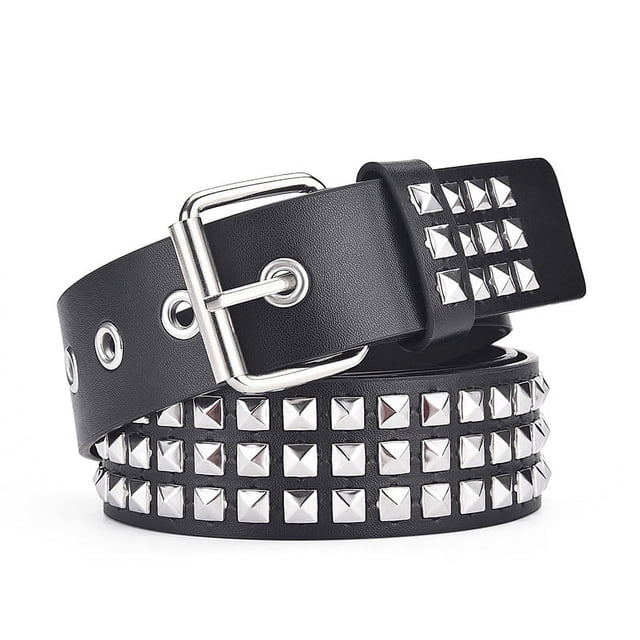 Cinturón de remache de metal punk rock con tachuelas de pirámide brillante para mujeres y hombres - Cinturón con tachuelas negro Cinturón de remache de punk rock Cinturón de hilos con ojales