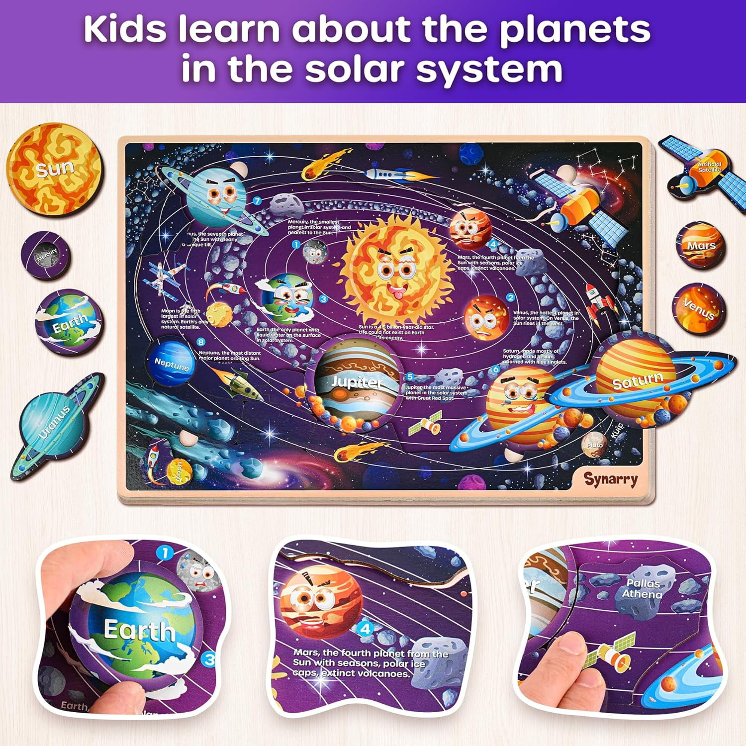 SYNARRY Wooden Puzzles for Kids Ages 3-8, USA, World Map & Solar System Jigsaw Puzzle Set, Wood Jigsaw Puzzles Educational Games Toys Gifts for Boys Girls