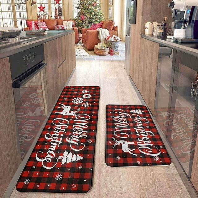 Boovnll Christmas Kitchen Rugs Set of 2, Absorbent Non-Slip Soft Christmas Rugs Washable for Kitchen, Entrance, Bathroom, Laundry Room Rug, Christmas Decorations