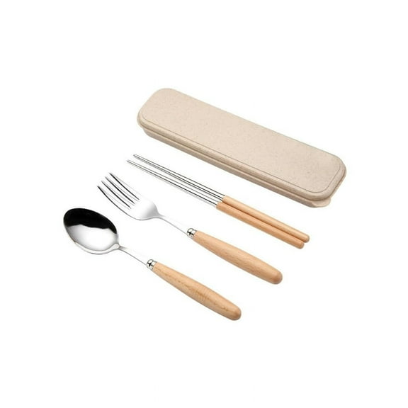 Wooden-Handled Stainless Steel Flatware Set with Case, Including Dinner Spoon, Fork, and Chopsticks