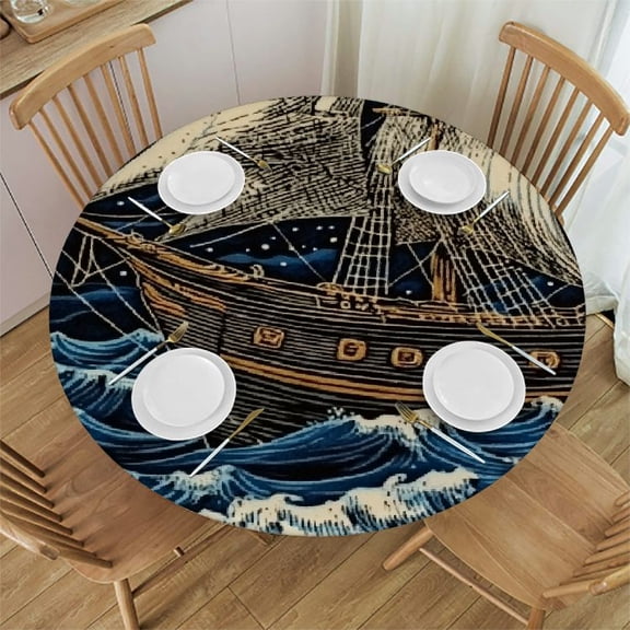 Fantasy Pirate Ship Round Fitted Tablecloth with Elastic Edge Waterproof Table Cover