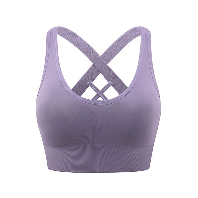 (L) Sujetador deportivo para mujer, color morado y gris, almohadillas extraíbles, espalda cruzada, corpiño de yoga sin aros