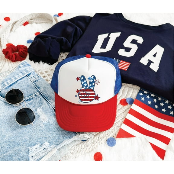 American Peace Sign Faux Sequin - Unisex Red,White, and Blue Foam Trucker Hat
