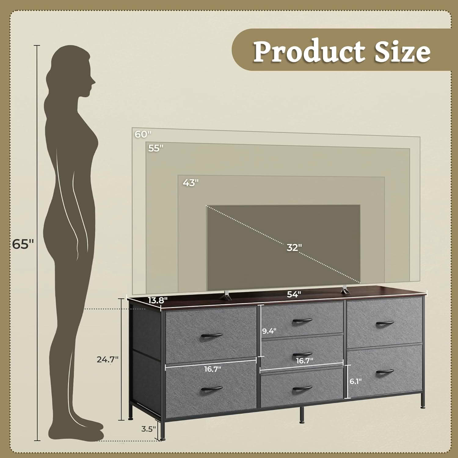 MAYEERTY 7 Drawer Dresser with Wooden Top & Metal Frame, for Bedroom Storage