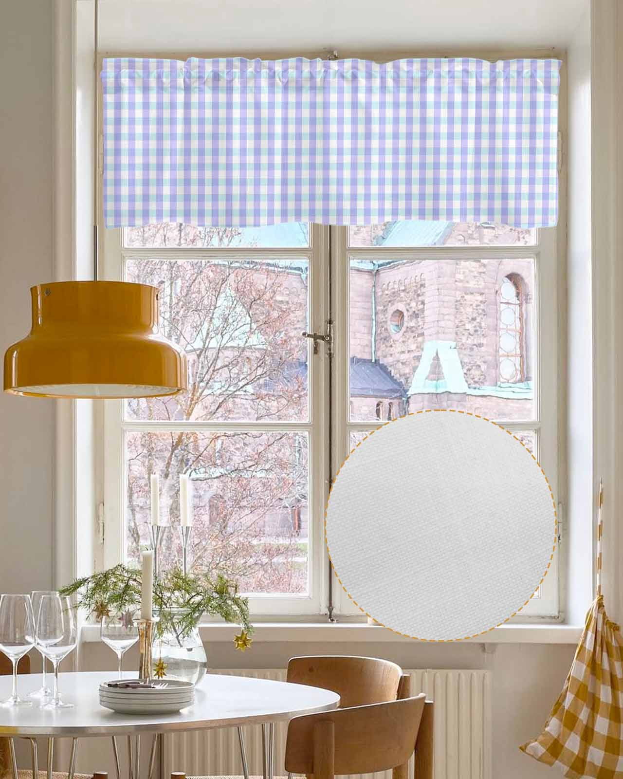 Blue Grid Kitchen Valances for Windows Farmhouse Linen Window Valance Curtain for Living Room Window Treatment Checkered Plaid Gingham Lattice Trellis Print Valance Rod Pocket Topper, 54 x 18 Inch