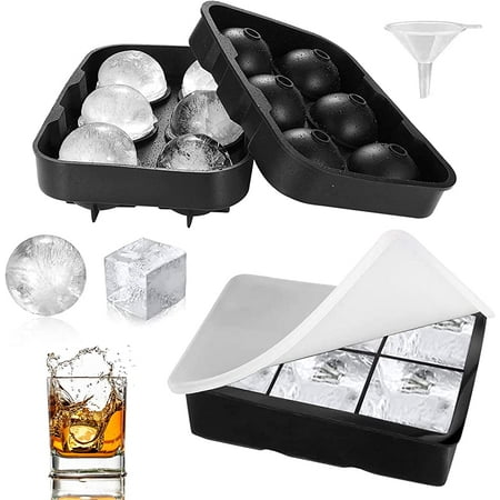 

Set of 2 silicone ice cube trays large square ice cube molds with lid and ball ice ball maker with funnel BPA-free reusable ice cube mold for whiskey cocktails drinks