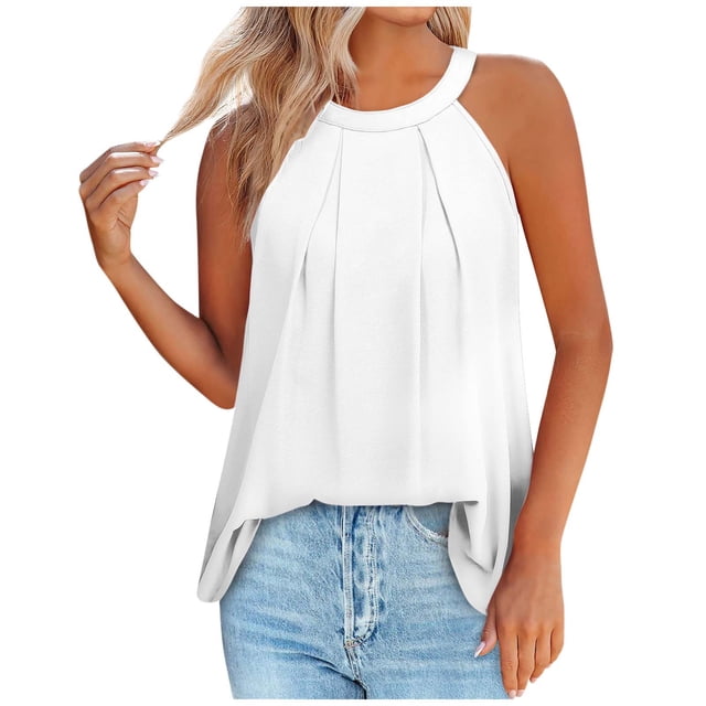 Timegard Tank Tops for Women Crew Neck Ruched Back Button Comfy Casual Sleeveless Tops Tees Blouses