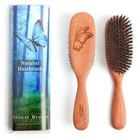 100% Pure Wild Boar Bristle Hair Brush for Fine to Medium hair, Style PW1, Medium Firm Bristles, made in Germany, Butterfly Engraved into Wood Handle, by Desert Breeze