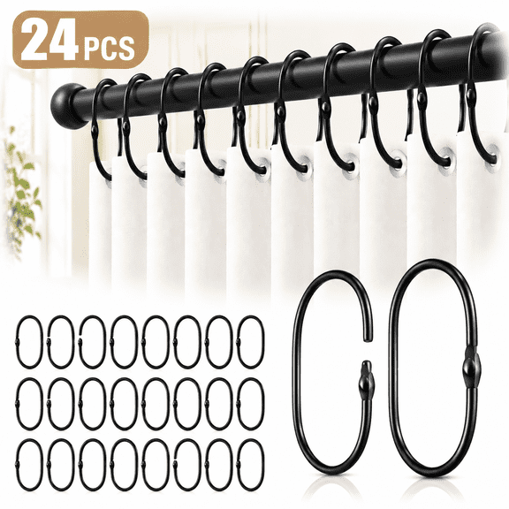24 Pcs Shower Curtain Rings Rust Proof Iron Shower Curtain Hooks Black/Silver Oval Shower Curtain Rings Multipurpose Snap Joint Shower Curtain Hooks for Bathroom Shower Rod Less or Equal to 1.3inch