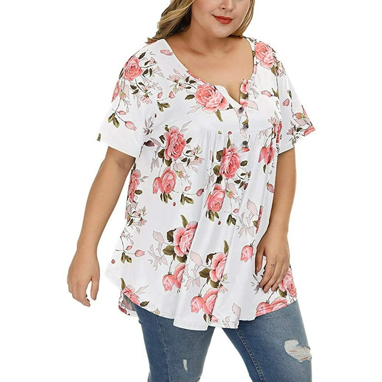 Chama Plus Size Henley Shirt for Women V Neck Button Up Floral Tunic Tops