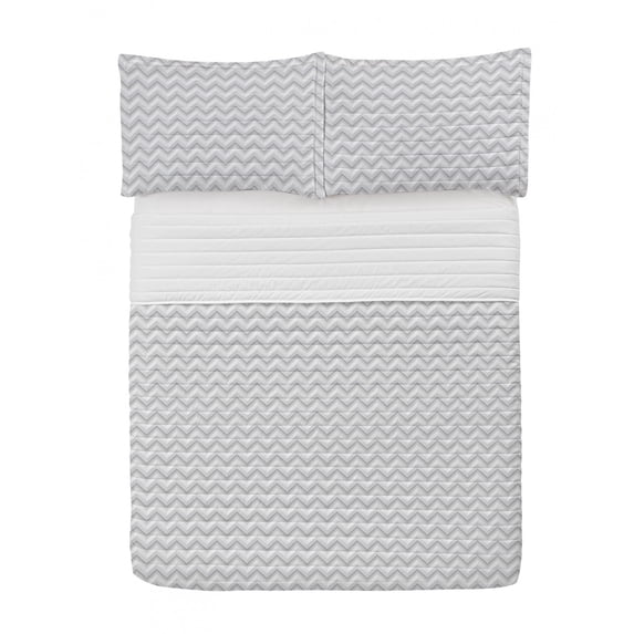Geometric Microfiber Bedspread Set, Simple Zig Zag Chevron Many Angle Pattern Minimalist Abstract Design Print, Soft Bedding Set with Pillow Shams & Comforter, 3 Sizes, Pale Grey White, by Ambesonne