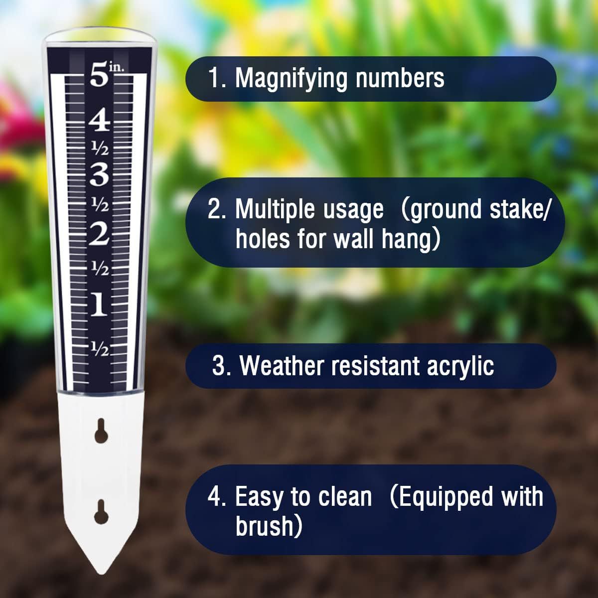 Yl-YANG Magnifying Easy Read 5-Inch Capacity Acrylic Rain Gauge in Navy Blue Vertical stake rain gauge,