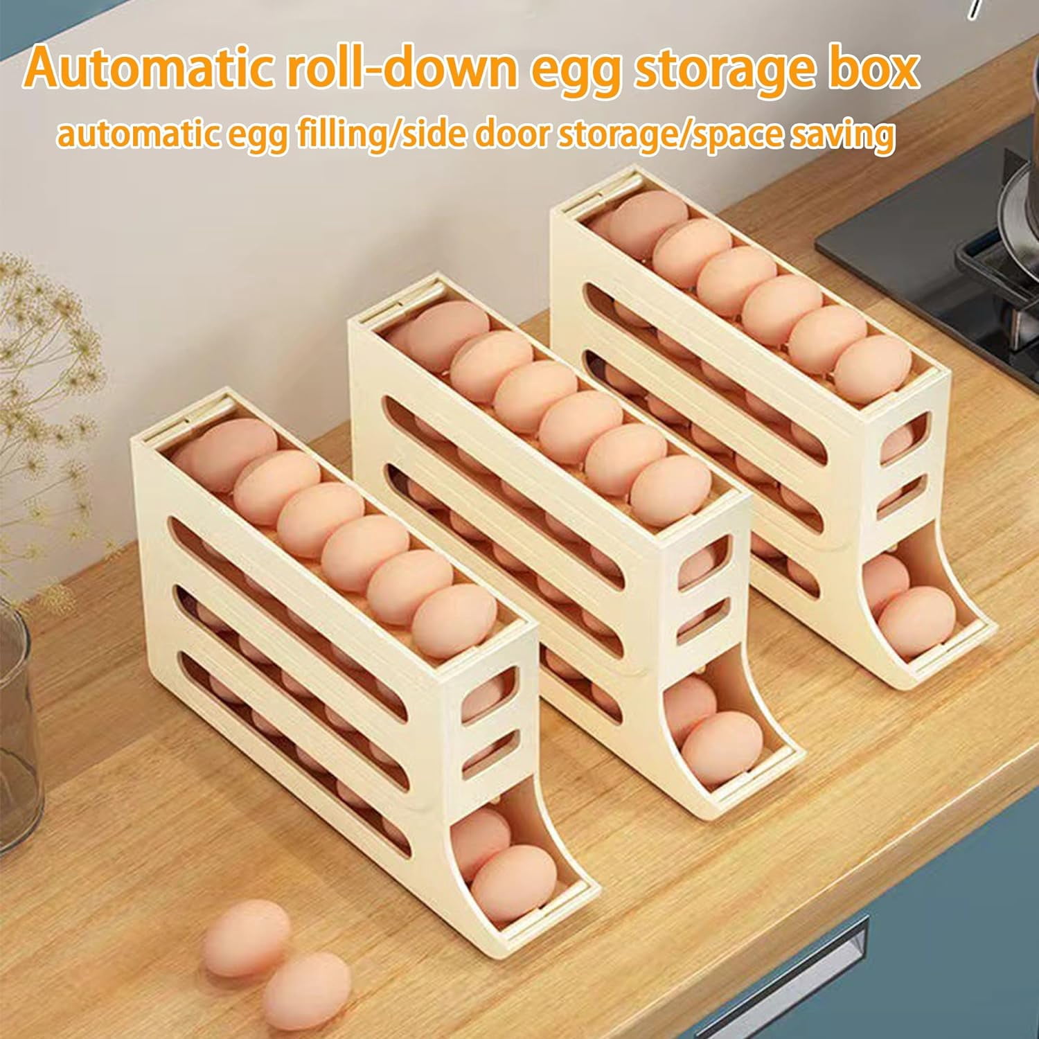 4 Layers Egg Holder for Fridge: Automatic Roll off Egg Organizer for Refrigerator,Eggs 30 Count Egg Container for Refrigerator,Egg Storage for Refrigerator Space-Saving,Height 8",Width 2.7"