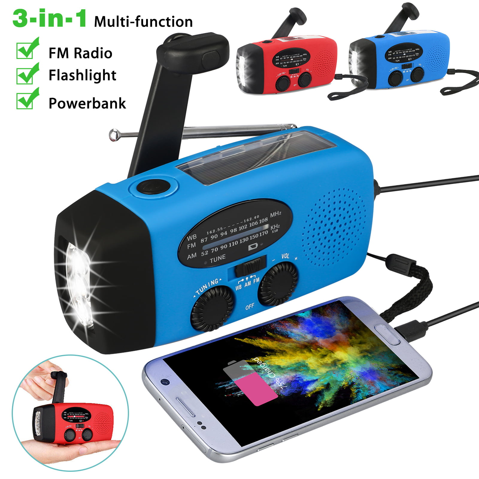 Solar AM//FM Radio,Portable Multi-Function Hand Crank Weather Radio with Emergency Phone Charger Bank and LED Flashlight Function Red